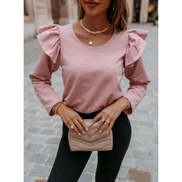 Kadın Uzun Kollu Bisiklet Yaka Omuzlar Volanlı Iki Iplik Bluz