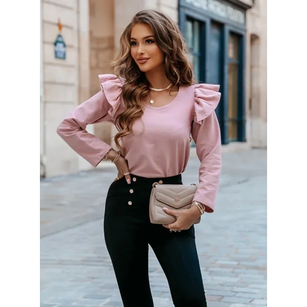Kadın Uzun Kollu Bisiklet Yaka Omuzlar Volanlı Iki Iplik Bluz