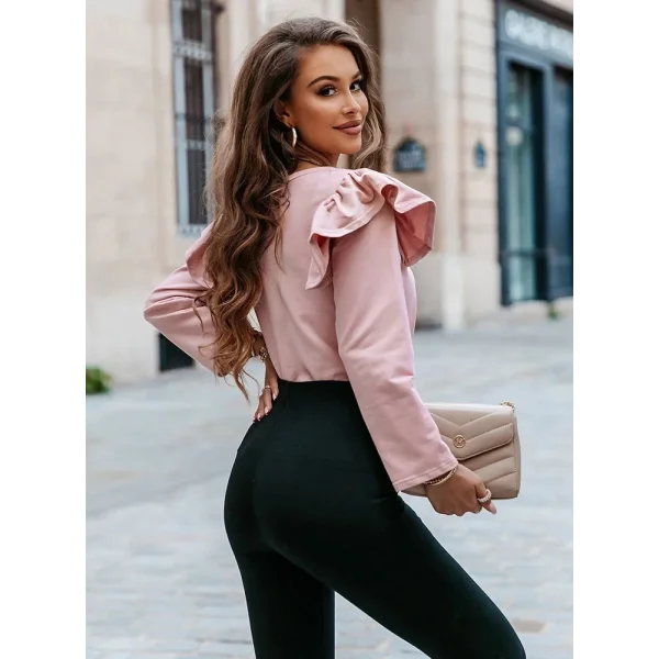 Kadın Uzun Kollu Bisiklet Yaka Omuzlar Volanlı Iki Iplik Bluz