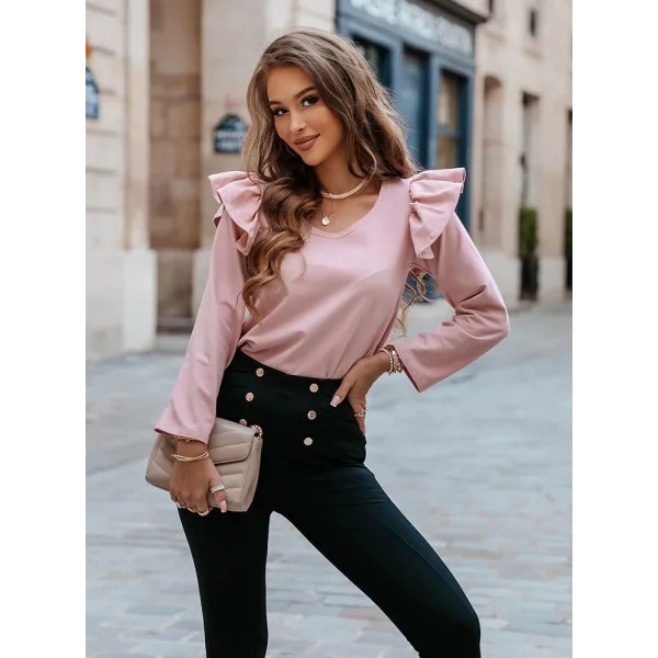 Kadın Uzun Kollu Bisiklet Yaka Omuzlar Volanlı Iki Iplik Bluz