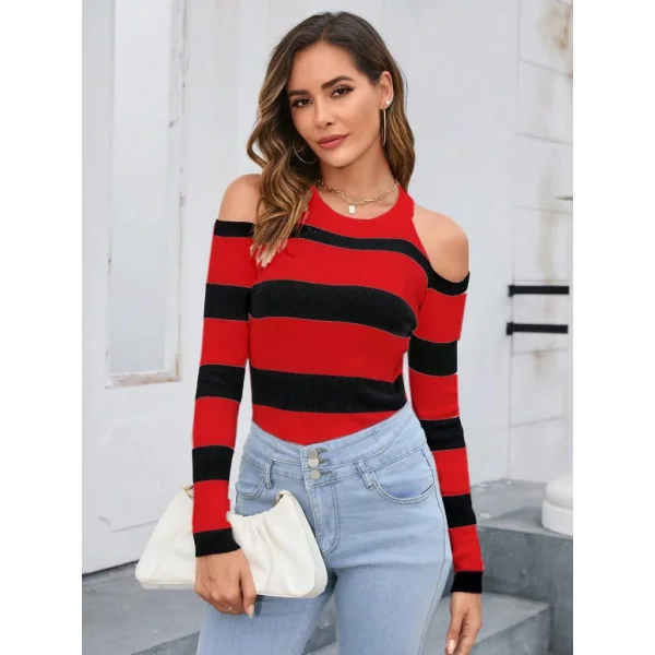 Kadın Uzun Kollu Bisiklet Yaka Omuzları Açık Triko Bluz