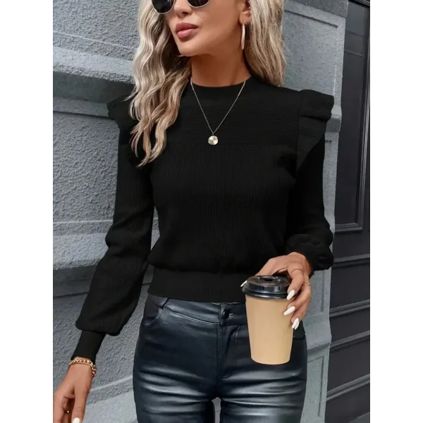 Kadın Uzun Kollu Bisiklet Yaka Omuzları Fırfırlı Triko Bluz