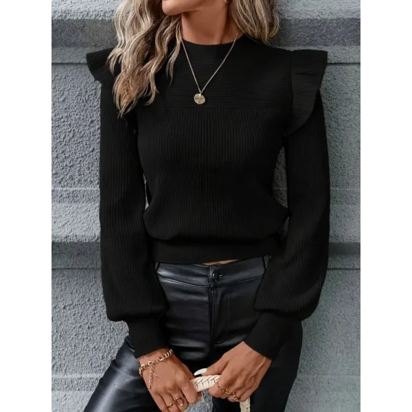 Kadın Uzun Kollu Bisiklet Yaka Omuzları Fırfırlı Triko Bluz