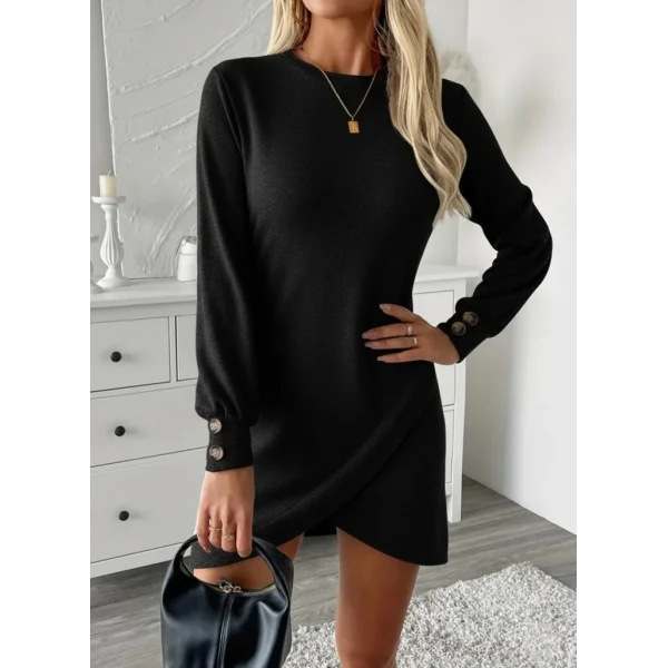 Kadın Uzun Kollu Bisiklet Yaka önden Asimetrik Kesim Detaylı Mini Yumoş Elbise