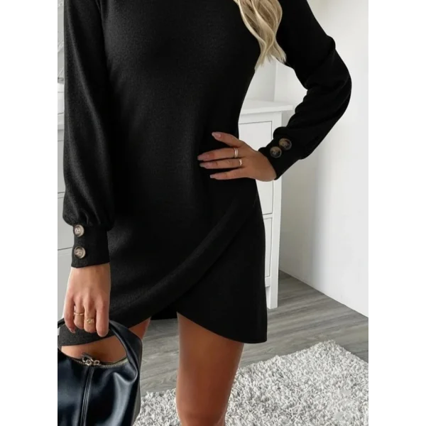 Kadın Uzun Kollu Bisiklet Yaka önden Asimetrik Kesim Detaylı Mini Yumoş Elbise