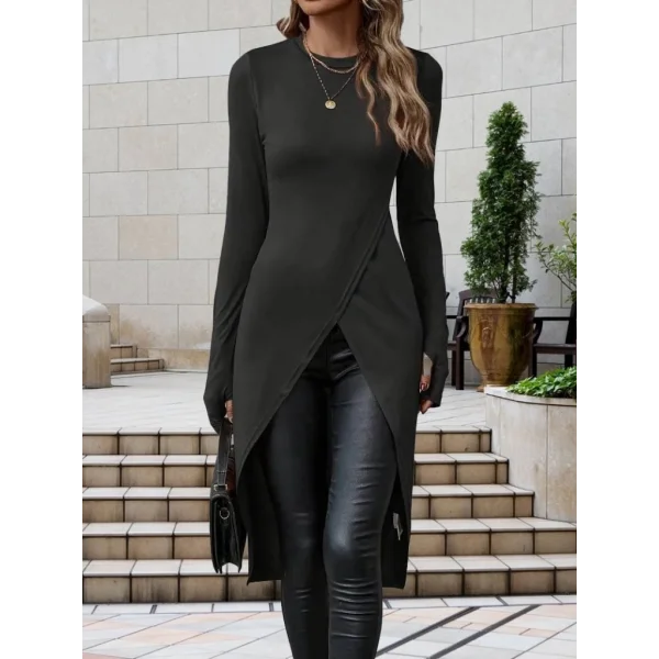 Kadın Uzun Kollu Bisiklet Yaka önden çapraz Kesim Detay Midi Viskon Bluz