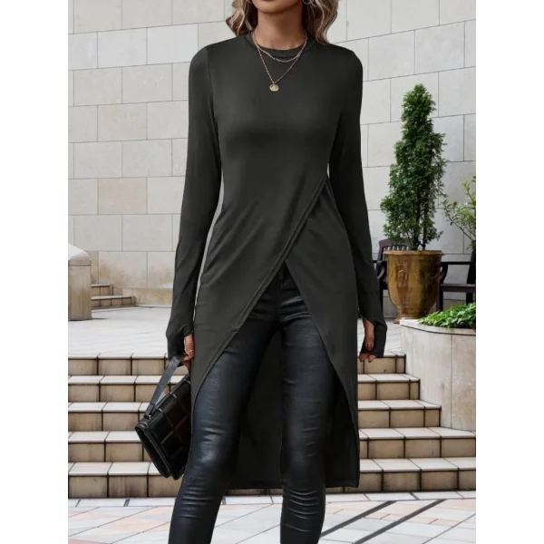 Kadın Uzun Kollu Bisiklet Yaka önden çapraz Kesim Detay Midi Viskon Bluz