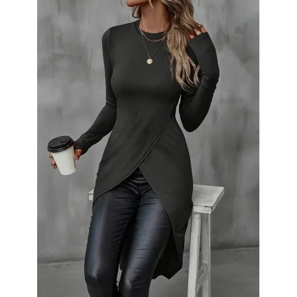 Kadın Uzun Kollu Bisiklet Yaka önden çapraz Kesim Detay Midi Viskon Bluz