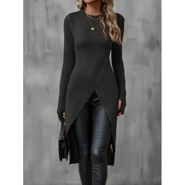 Kadın Uzun Kollu Bisiklet Yaka önden çapraz Kesim Detay Midi Viskon Bluz