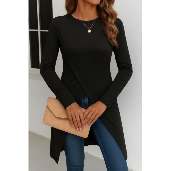 Kadın Uzun Kollu Bisiklet Yaka önden çapraz Kesim Detay Midi Viskon Bluz