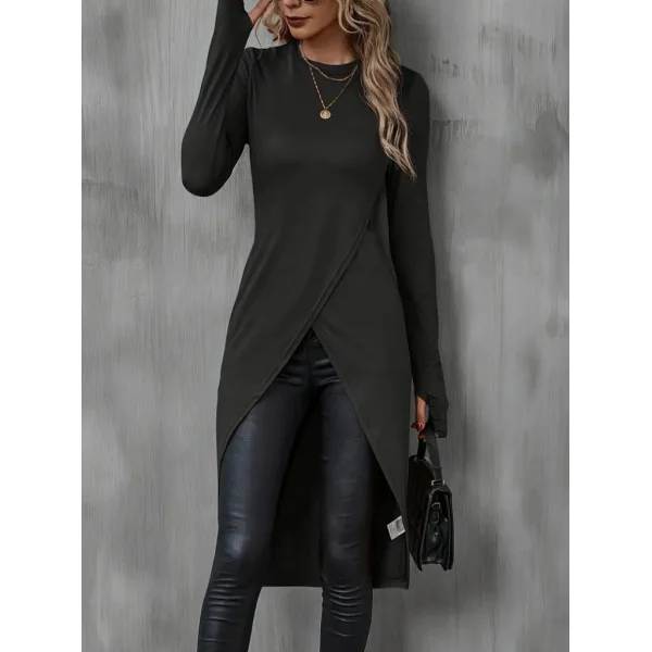 Kadın Uzun Kollu Bisiklet Yaka önden çapraz Kesim Detay Midi Viskon Bluz