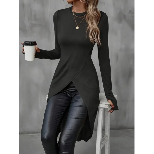 Kadın Uzun Kollu Bisiklet Yaka önden çapraz Kesim Detay Midi Viskon Bluz