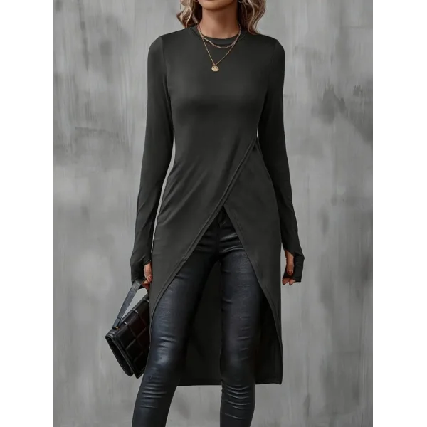 Kadın Uzun Kollu Bisiklet Yaka önden çapraz Kesim Detay Midi Viskon Bluz