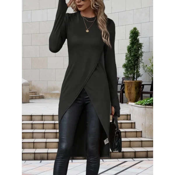 Kadın Uzun Kollu Bisiklet Yaka önden çapraz Kesim Detay Midi Viskon Bluz