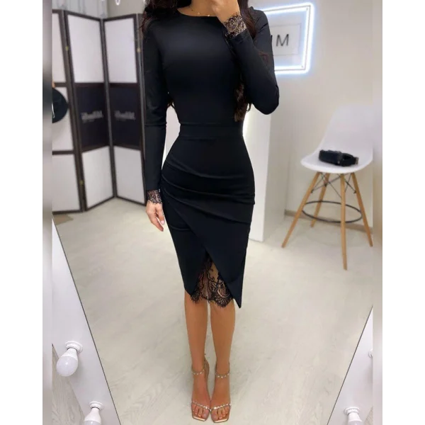 Kadın Uzun Kollu Bisiklet Yaka önden Dantel Ve Yırtmaç Detaylı Dalgıç Elbise