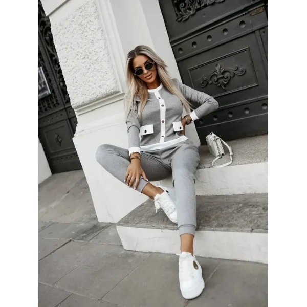 Kadın Uzun Kollu Bisiklet Yaka önden Düğmeli şardonlu Kaşkorse Bluz Ve Pantolon Ikili Takım