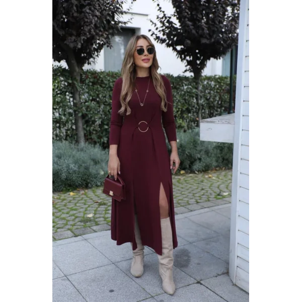 Kadın Uzun Kollu Bisiklet Yaka önden Halka Detaylı Yırtmaçlı Uzun Viskon Iki Iplik Elbise