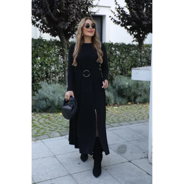 Kadın Uzun Kollu Bisiklet Yaka önden Halka Detaylı Yırtmaçlı Uzun Viskon Iki Iplik Elbise