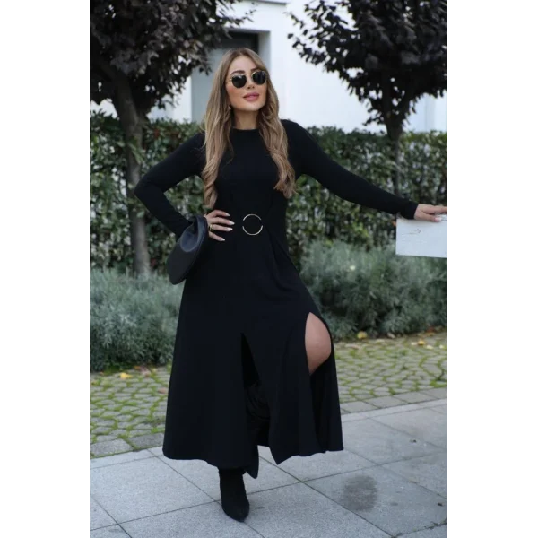 Kadın Uzun Kollu Bisiklet Yaka önden Halka Detaylı Yırtmaçlı Uzun Viskon Iki Iplik Elbise