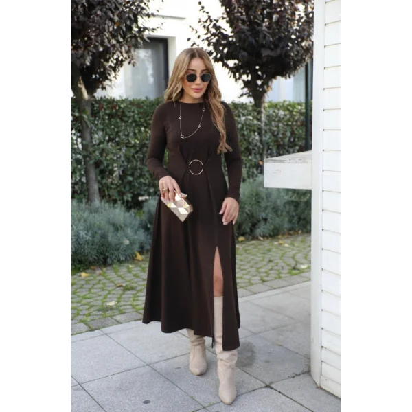 Kadın Uzun Kollu Bisiklet Yaka önden Halka Detaylı Yırtmaçlı Uzun Viskon Iki Iplik Elbise