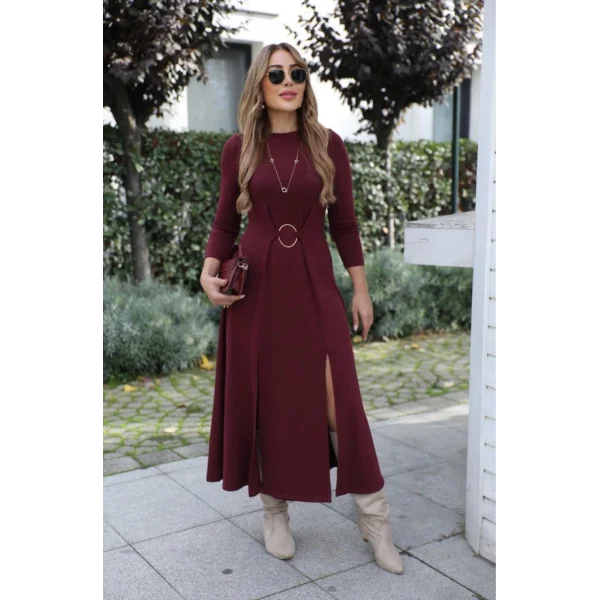 Kadın Uzun Kollu Bisiklet Yaka önden Halka Detaylı Yırtmaçlı Uzun Viskon Iki Iplik Elbise