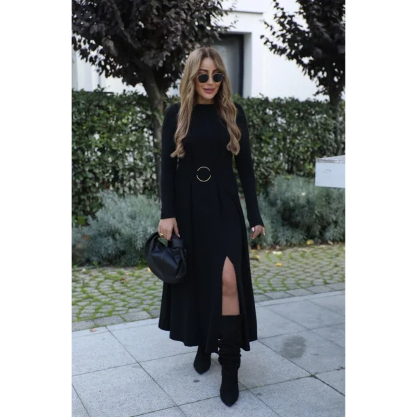 Kadın Uzun Kollu Bisiklet Yaka önden Halka Detaylı Yırtmaçlı Uzun Viskon Iki Iplik Elbise