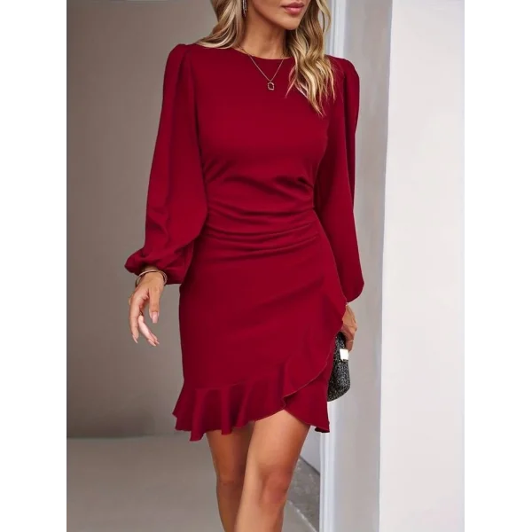 Kadın Uzun Kollu Bisiklet Yaka önden Volanlı Ithal Krep Elbise