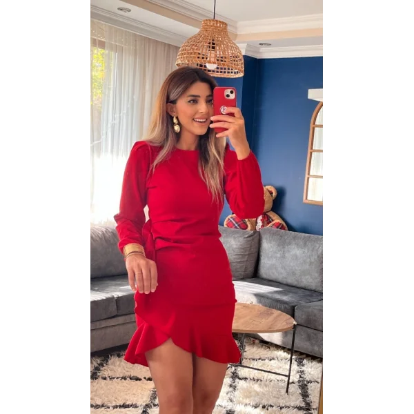 Kadın Uzun Kollu Bisiklet Yaka önden Volanlı Ithal Krep Elbise