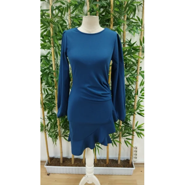 Kadın Uzun Kollu Bisiklet Yaka önden Volanlı Ithal Krep Elbise