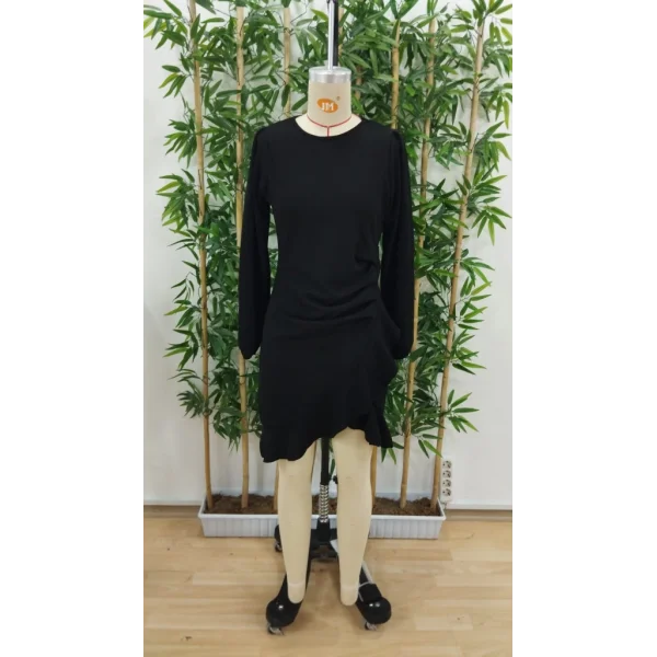 Kadın Uzun Kollu Bisiklet Yaka önden Volanlı Ithal Krep Elbise