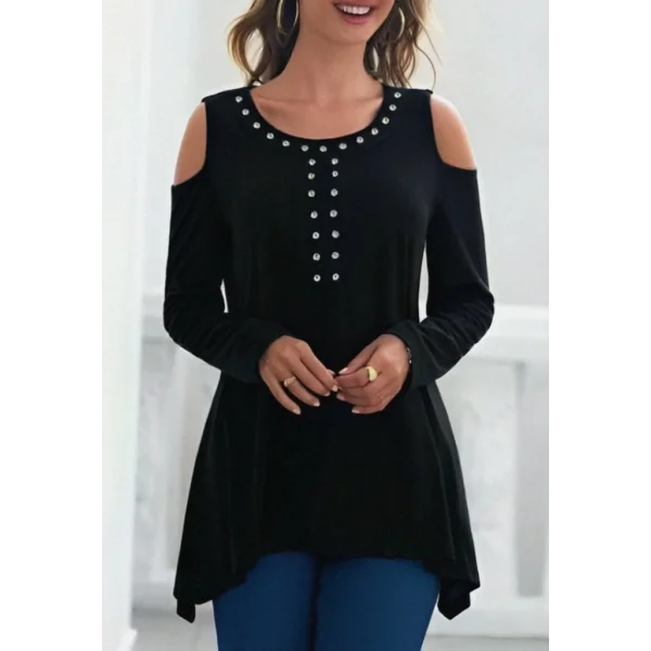 Kadın Uzun Kollu Bisiklet Yaka önü Taşlı Omuzu Açık Etek Ucu Asimetrik Kesim Viskon Bluz