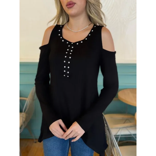 Kadın Uzun Kollu Bisiklet Yaka önü Taşlı Omuzu Açık Etek Ucu Asimetrik Kesim Viskon Bluz