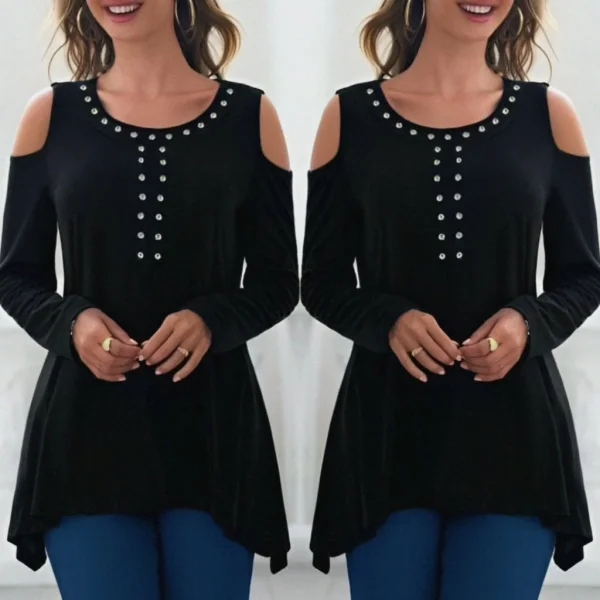 Kadın Uzun Kollu Bisiklet Yaka önü Taşlı Omuzu Açık Etek Ucu Asimetrik Kesim Viskon Bluz
