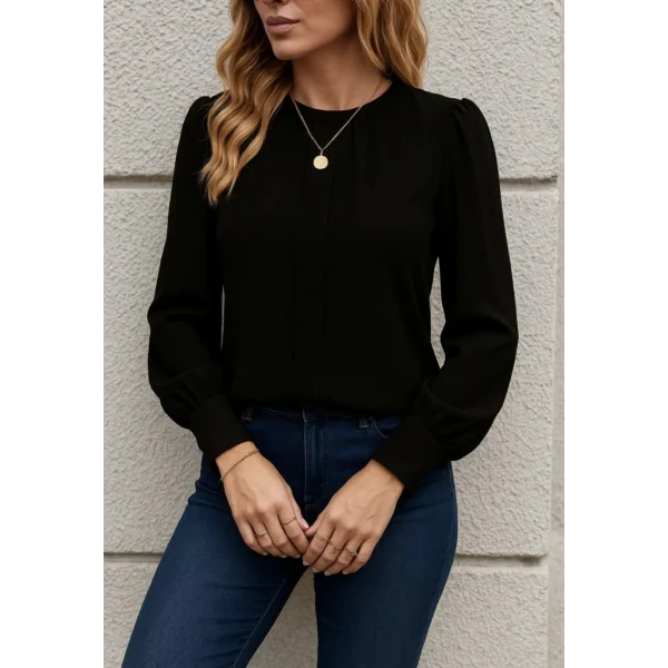 Kadın Uzun Kollu Bisiklet Yaka Pileli Ithal Krep Bluz