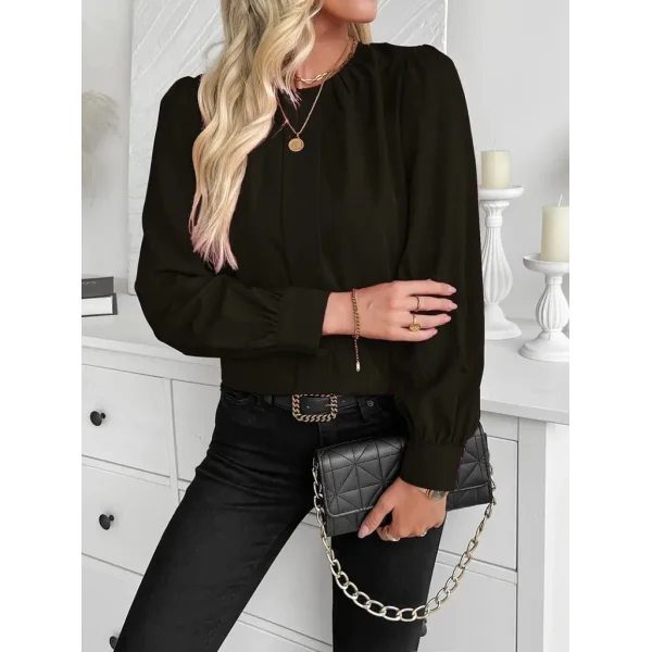 Kadın Uzun Kollu Bisiklet Yaka Pileli Ithal Krep Bluz