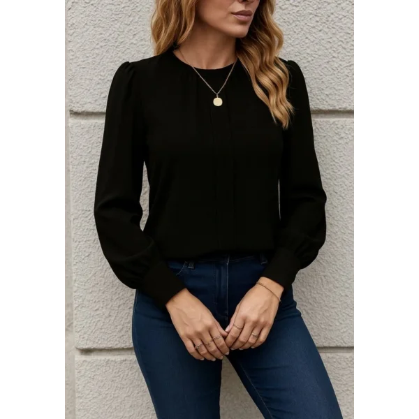 Kadın Uzun Kollu Bisiklet Yaka Pileli Ithal Krep Bluz