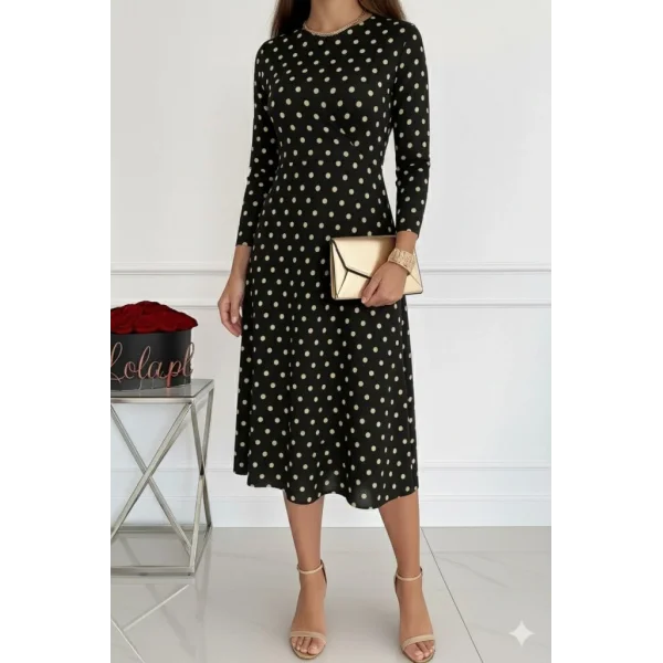 Kadın Uzun Kollu Bisiklet Yaka Puantiyeli örme Krep Midi Elbise