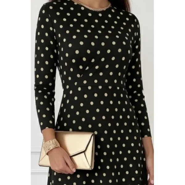 Kadın Uzun Kollu Bisiklet Yaka Puantiyeli örme Krep Midi Elbise