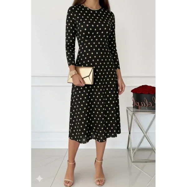 Kadın Uzun Kollu Bisiklet Yaka Puantiyeli örme Krep Midi Elbise
