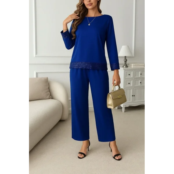 Kadın Uzun Kollu Bisiklet Yaka Pulpayetli Viskon Iki Iplik Bluz Ve Pantolon Ikili Takım