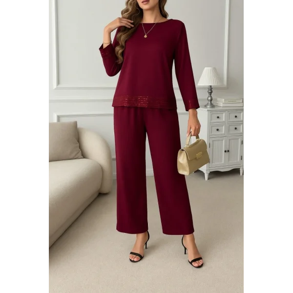Kadın Uzun Kollu Bisiklet Yaka Pulpayetli Viskon Iki Iplik Bluz Ve Pantolon Ikili Takım