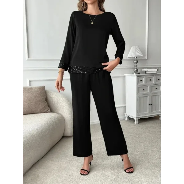 Kadın Uzun Kollu Bisiklet Yaka Pulpayetli Viskon Iki Iplik Bluz Ve Pantolon Ikili Takım