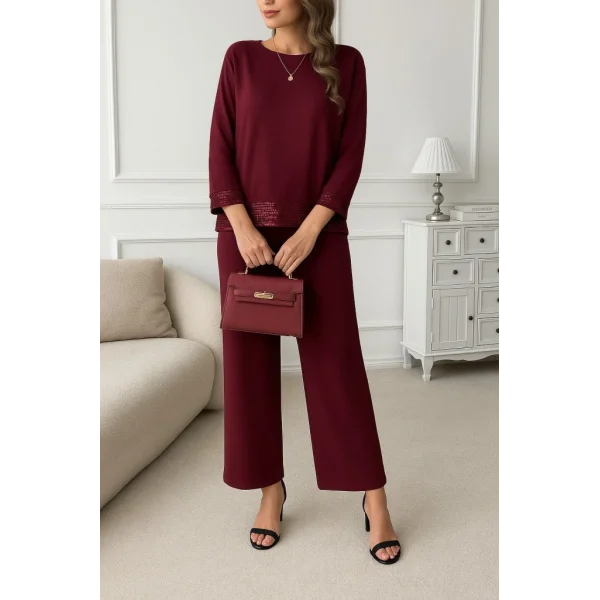 Kadın Uzun Kollu Bisiklet Yaka Pulpayetli Viskon Iki Iplik Bluz Ve Pantolon Ikili Takım