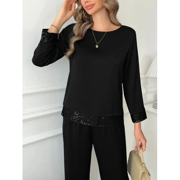 Kadın Uzun Kollu Bisiklet Yaka Pulpayetli Viskon Iki Iplik Bluz Ve Pantolon Ikili Takım