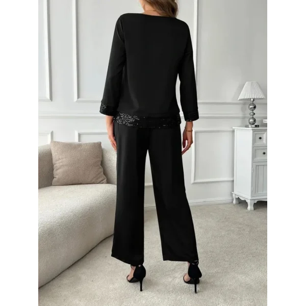 Kadın Uzun Kollu Bisiklet Yaka Pulpayetli Viskon Iki Iplik Bluz Ve Pantolon Ikili Takım