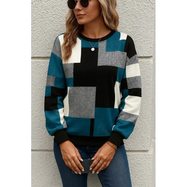 Kadın Uzun Kollu Bisiklet Yaka Renkli Blok Baskı Dalgıç Bluz