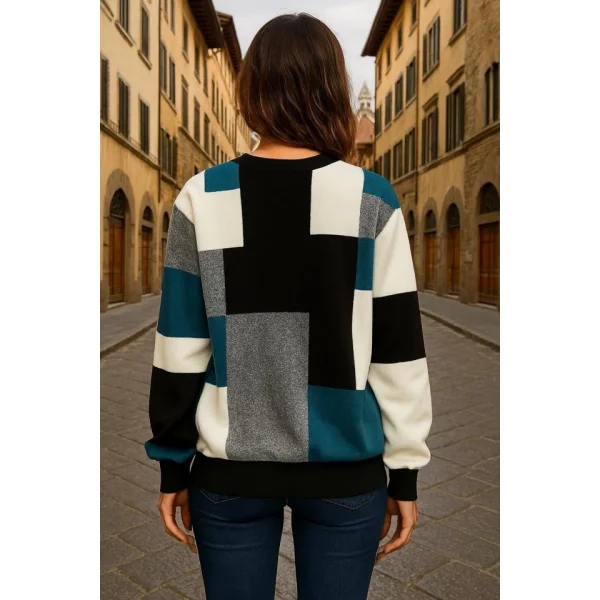 Kadın Uzun Kollu Bisiklet Yaka Renkli Blok Baskı Dalgıç Bluz