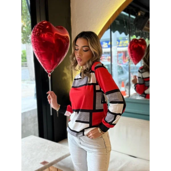 Kadın Uzun Kollu Bisiklet Yaka Renkli Blok Baskı Dalgıç Bluz