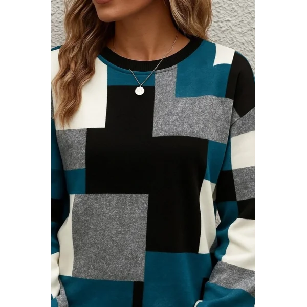 Kadın Uzun Kollu Bisiklet Yaka Renkli Blok Baskı Dalgıç Bluz