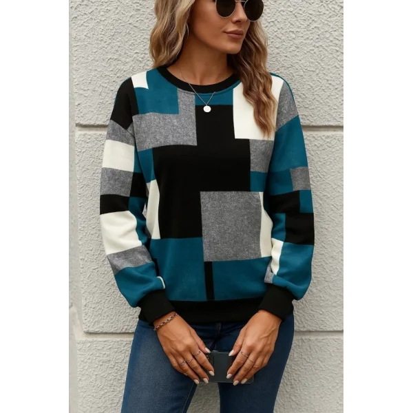 Kadın Uzun Kollu Bisiklet Yaka Renkli Blok Baskı Dalgıç Bluz